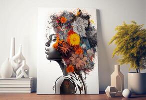 moda arte retrato do lindo mulher com flores dentro dela cabelo. generativo ai foto