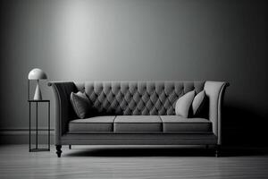 interior do moderno vivo quarto com cinzento sofá e lâmpada. 3d render generativo ai foto