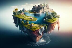 fantasia ilha com árvores e lago. 3d render ilustração. generativo ai foto