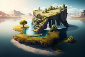 fantasia ilha com árvores e lago. 3d render ilustração. generativo ai foto