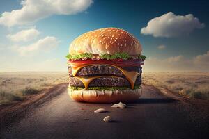 Hamburger com lambreta em a estrada. 3d Renderização generativo ai foto