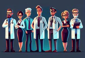 grupo do médicos. ilustração dentro desenho animado estilo. médico equipe. generativo ai foto