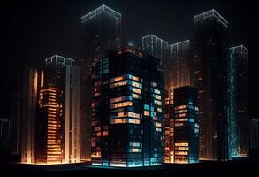 moderno arranha-céus dentro a cidade às noite. 3d Renderização generativo ai foto