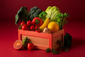 fresco legumes e frutas dentro uma de madeira caixa em uma vermelho fundo generativo ai foto