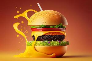 grande saboroso Hamburger com amarelo suco splash. 3d ilustração. generativo ai foto