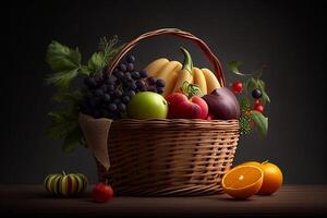 fresco frutas e legumes dentro uma cesta em uma de madeira mesa com uma Preto fundo generativo ai foto