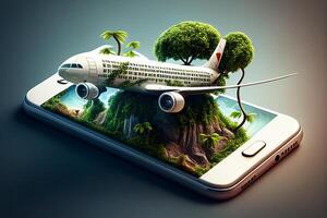 avião vôo sobre tropical ilha com Palma árvores 3d Renderização generativo ai foto