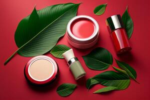 Cosmético produtos com verde folhas em vermelho fundo. 3d Renderização generativo ai foto