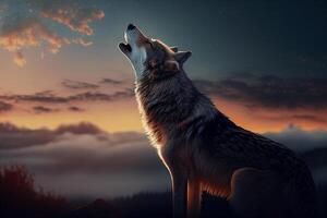 Lobo uivando dentro a noite céu. 3d render ilustração. generativo ai foto