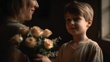 pequeno Garoto segurando flores, abraçando dele mãe e a comemorar mãe dia. generativo ai foto