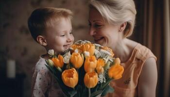 pequeno Garoto segurando flores, abraçando dele mãe e a comemorar mãe dia. generativo ai foto