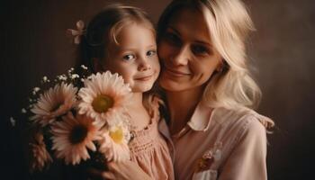 pequeno menina segurando flores, abraçando dela mãe e a comemorar mãe dia. generativo ai foto