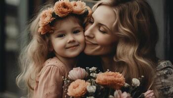 pequeno menina segurando flores, abraçando dela mãe e a comemorar mãe dia. generativo ai foto