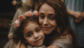 pequeno menina segurando flores, abraçando dela mãe e a comemorar mãe dia. generativo ai foto