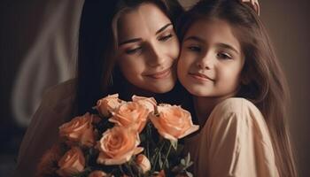 pequeno menina segurando flores, abraçando dela mãe e a comemorar mãe dia. generativo ai foto