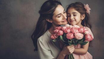 pequeno menina segurando flores, abraçando dela mãe e a comemorar mãe dia. generativo ai foto