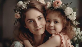 pequeno menina segurando flores, abraçando dela mãe e a comemorar mãe dia. generativo ai foto