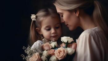 pequeno menina segurando flores, abraçando dela mãe e a comemorar mãe dia. generativo ai foto