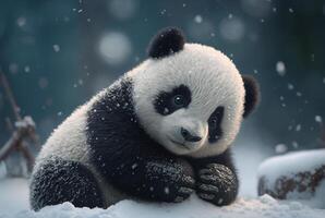 fofa panda bebê jogando dentro neve inverno, generativo ai foto