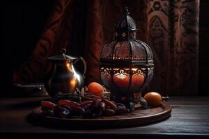 lindo árabe luminária com uma tigela do maduro encontro e suco jar. muçulmano piedosos mês do Ramadã conceito com uma encontro tigela. islâmico festival Ramadã iftar ilustração com a árabe lâmpada. generativo ai. foto