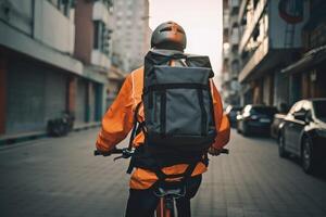 jovem Entrega homem traseiro Visão em uma ciclo com dele Entrega bolsa. Entrega homem em a urbano estrada entregando bens. borrado cidade fundo com uma jovem Entrega homem dentro a visão traseira. generativo ai. foto