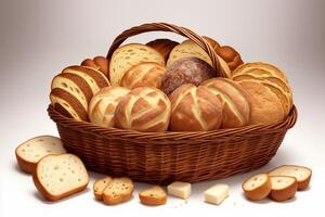 ampla cesta cheio do sortido pães isolado em branco fundo de ai gerado foto