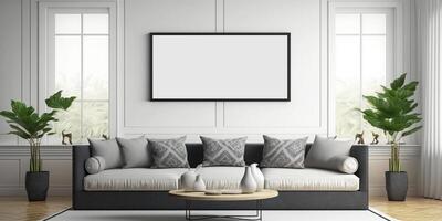 em branco poster parede quadro, Armação zombar acima dentro moderno escandinavo estilo vivo quarto interior. moderno vivo quarto interior fundo, sofá e plantar em mesa, 3d Renderização generativo ai. foto