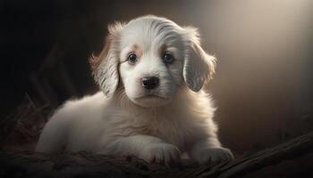 branco fofa cachorro foto tiro em interior estúdio com cinematográfico iluminação. grande Preto olhos. generativo ai.