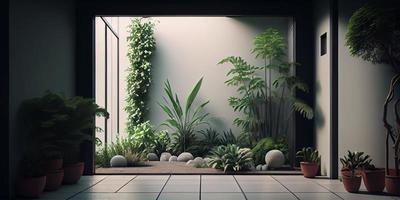 conceito interior, decoração, conforto dentro a casa. minimalista jardim interior para inspiração decoração generativo ai. foto