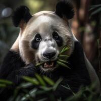 uma panda Urso pacificamente mastigando em bambu dentro uma exuberante floresta configuração criada com generativo ai tecnologia foto