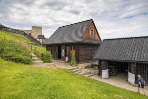 histórico de madeira rural edifícios com a ar livre museu dentro dobczyce polonês montanhas em uma verão dia foto