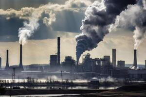 ilustração do uma poluente fábrica emitindo fumaça a partir de Está pilhas criada com generativo ai tecnologia foto