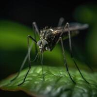ilustração do uma mosquito empoleirado em uma verde folha dentro extremo fechar-se criada com generativo ai tecnologia foto