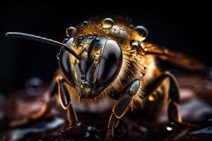 muito fechar e detalhado macro retrato do uma abelha coberto dentro néctar e querida contra uma Sombrio fundo. ai gerado foto