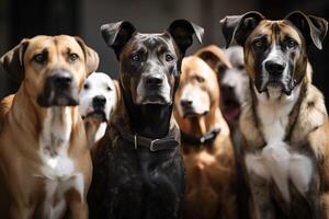 uma rebanho, uma grupo do abandonado cachorros do diferente raças sentado obedientemente dentro frente do a Câmera. ai gerado foto