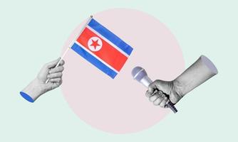arte colagem, colagem do uma mão segurando uma norte Coréia bandeira, microfone dentro a de outros mão. foto