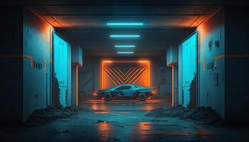 subterrâneo néon laranja azul sci fi futurista Rocha parede concreto porão estacionamento. generativo ai foto