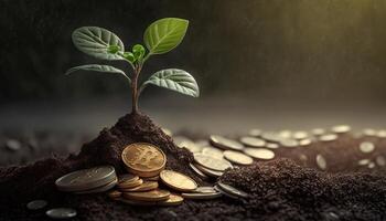 crescendo dinheiro - plantar em moedas - finança e investimento conceito. generativo ai foto