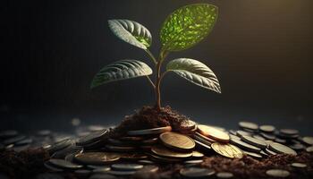 crescendo dinheiro - plantar em moedas - finança e investimento conceito. generativo ai foto