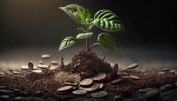 crescendo dinheiro - plantar em moedas - finança e investimento conceito. generativo ai foto