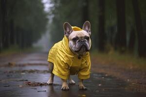 francês buldogue dentro uma amarelo capa de chuva. generativo ai. foto