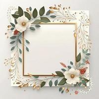 em branco branco quadrado quadro, Armação decorado com flores por aí a arestas e cercado de folha galhos fundo foto