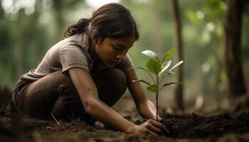 uma pessoa plantio árvores ou flores, contribuindo para a global esforço para reflorestar e restaurar natural habitats. generativo ai foto