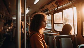 uma pessoa usando público transporte para trabalhar, reduzindo seus carbono pegada e promovendo ecológico pendulares. generativo ai foto