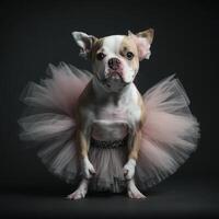 uma cachorro vestido acima dentro uma tutu cachorro em Preto fundo generativo ai foto