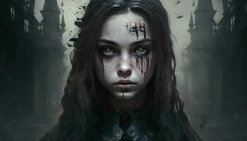 uma menina dentro Sombrio gótico menina Horror Sombrio imagem generativo ai foto