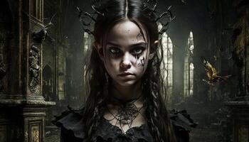 uma menina dentro Sombrio gótico Horror Sombrio imagem generativo ai foto