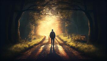 uma pessoa caminhando em uma caminho sozinho olhando às floresta generativo ai foto