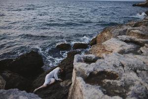 sensual mulher dentro uma branco vestir deitado em uma pedra dentro uma branco vestir panorama foto