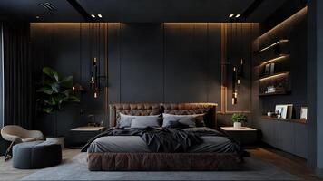 moderno à moda interior do a hotel sala, uma ampla dormindo cama dentro Sombrio tons dentro luz do dia, generativo ai. foto